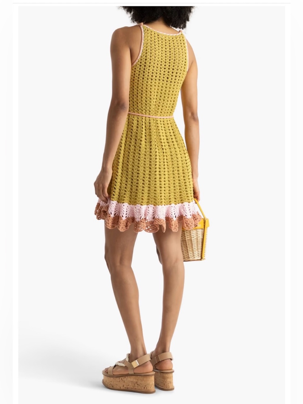 Zimmerman crocheted 🧶 Sleeveless Mini Dress in Mustard with Pink & Tan Trim - Picture 2 of 5